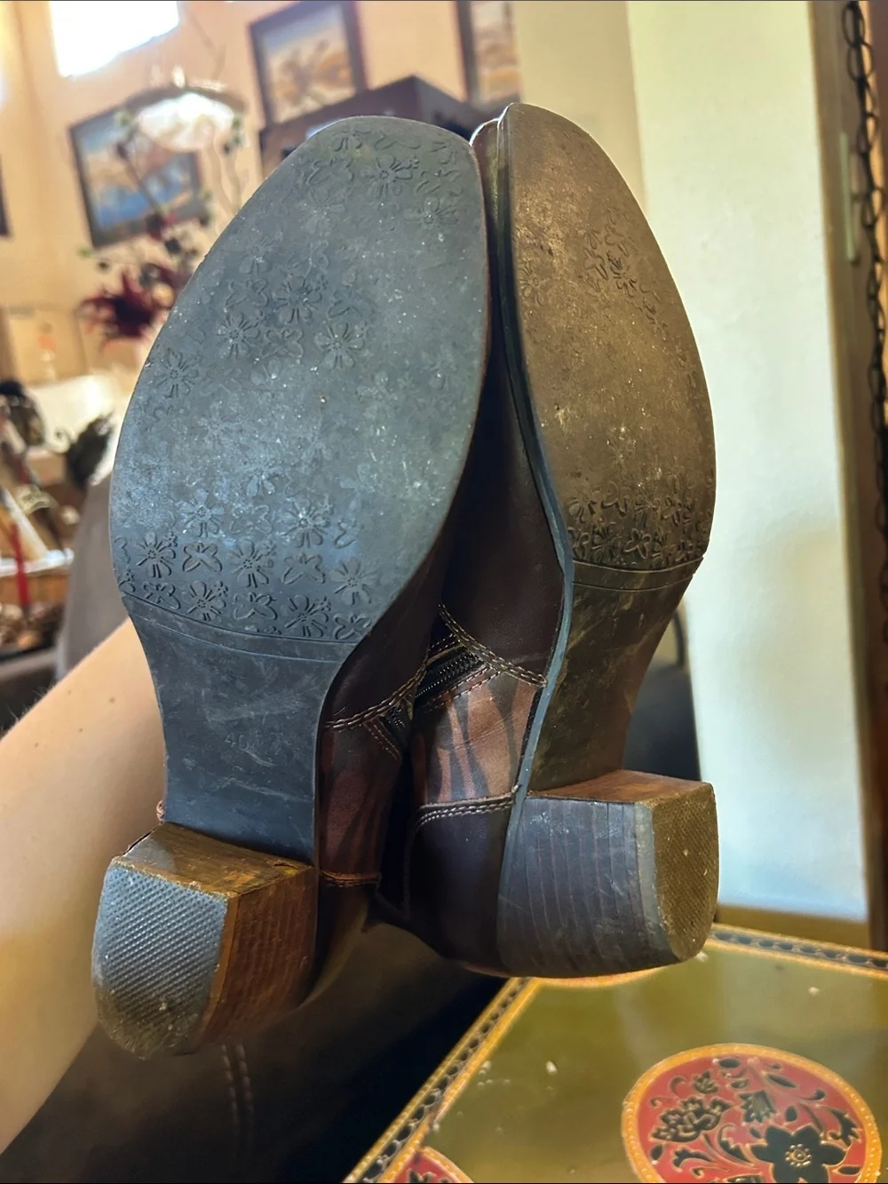 Spring Step Brown Western-Inspired Ankle Boots with Patterned Panels